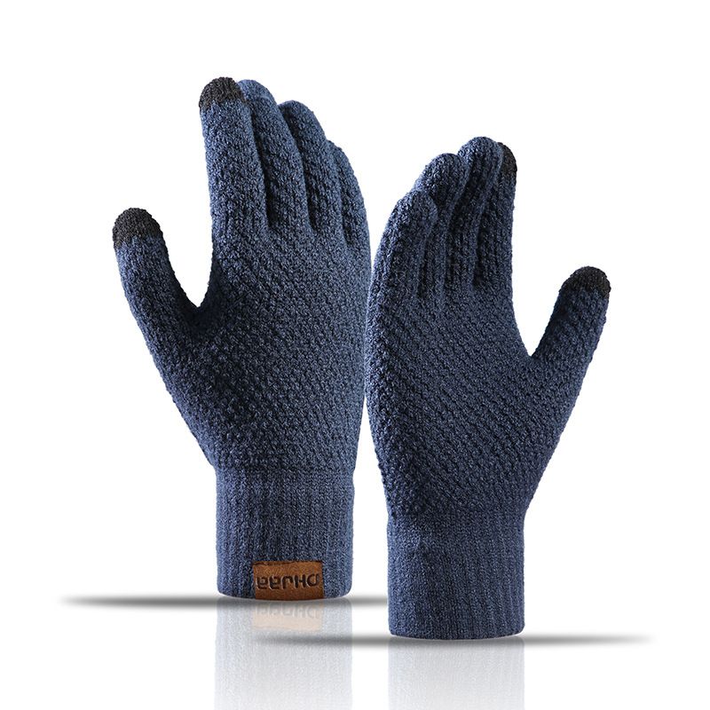 Men's Knitted Gloves - Warm Fingerless Winter Gloves - Thick Fleece-Lined Wool Touchscreen Gloves - Pineapple Pattern, Versatile, Navy Blue