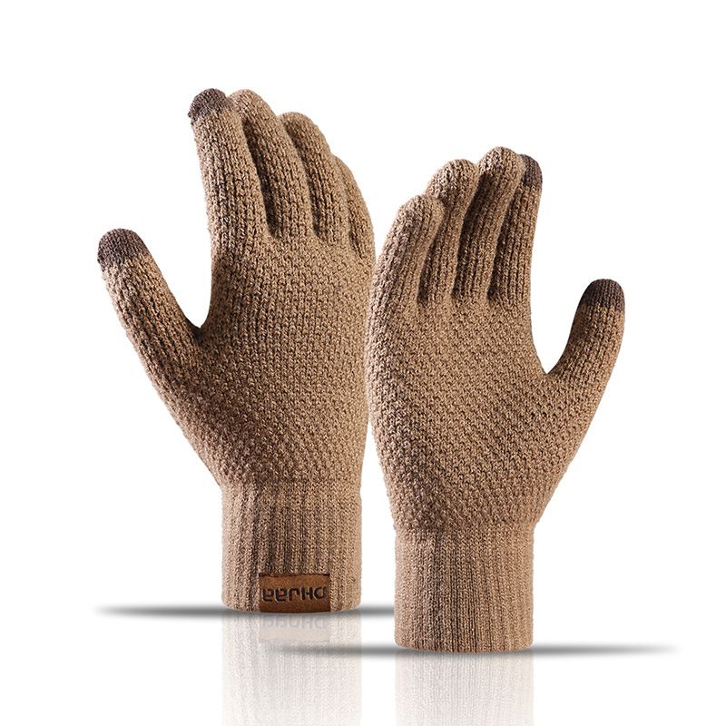 Men's Knitted Gloves - Warm Fingerless Winter Gloves - Thick Fleece-Lined Wool Touchscreen Gloves - Pineapple Pattern, Versatile, Camel