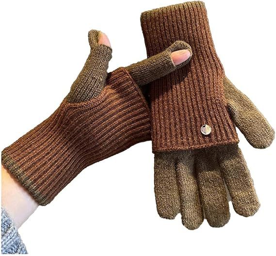 2-in-1 Women's Winter Gloves - with Touchscreen Function - Knitted, Stretchy, Warm Gloves - with Knit Wrist Cuffs