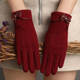 Insulated Women's Gloves - Extra Thick Lining - Specially Designed for Cycling - With Bow Decoration - Soft and Stretchy - Red