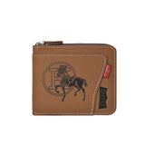 Men's Leather Wallet with Zipper and Horse Embossed Design, Multi-Card Bifold Wallet, Brown