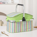 27L Foldable Insulated Picnic Basket Cooler Bag with Aluminum Handles, Green Striped Thermal Hamper