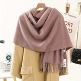 Thick Solid Color Scarf Wrap with Fringe, Soft Cashmere-Look Winter Shawl