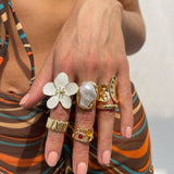 6-Piece Gold Stackable Ring Set with White Enamel Flower and Baroque Pearl, Adjustable Women's Jewelry