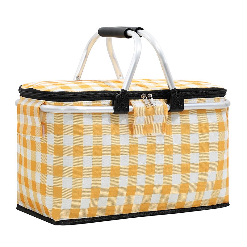 18L Insulated Picnic Basket with Aluminum Frame, Collapsible Cooler Bag, Yellow Plaid, 40 x 20 x 23 cm
