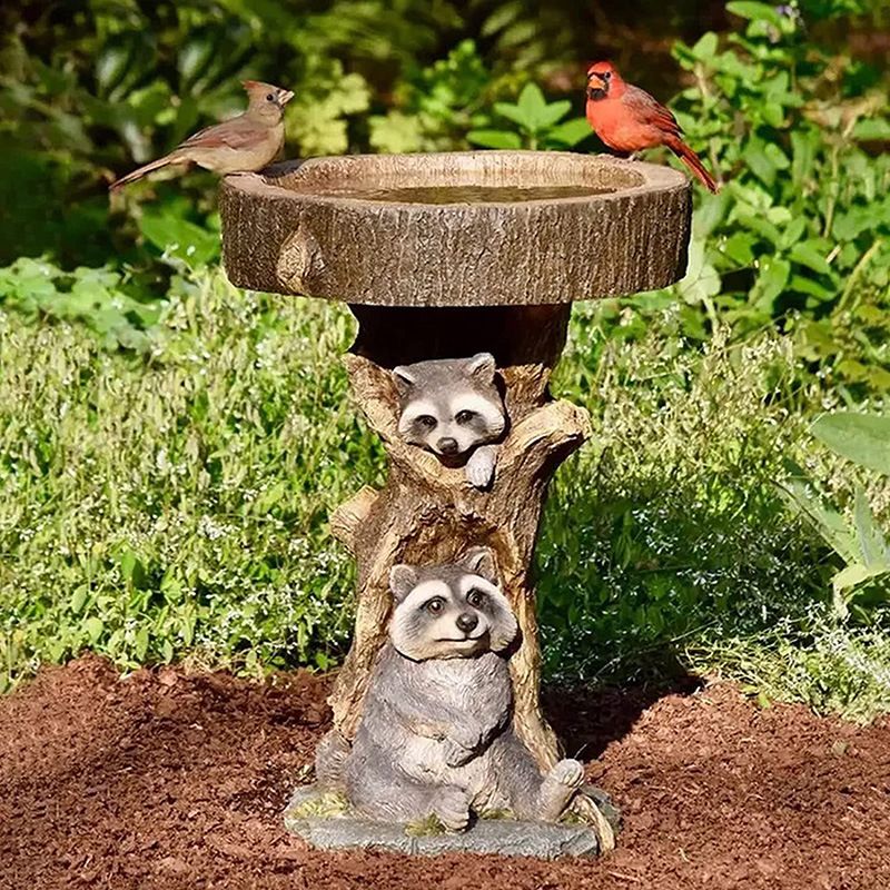 Raccoon Resin Bird Bath Feeder for Garden Decor, Tree Stump Style Outdoor Bird Feeder, 9.8 x 6.6 x 5.9 in
