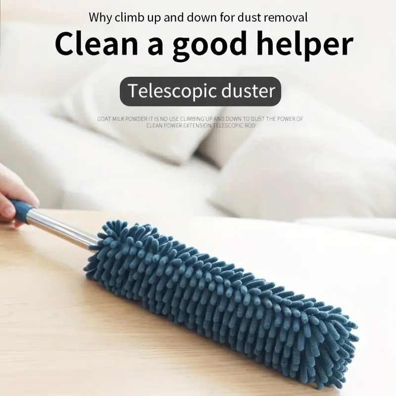 Telescopic Microfibre Cleaning Duster, Washable Static Dust Sweeper for High-Reach Cleaning, Navy Blue