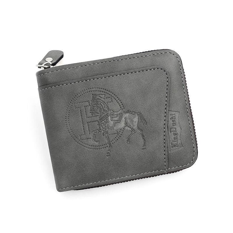 Men's PU Leather Wallet with Zipper and Horse Embossed Design, Multi-Card Bifold Wallet, Grey