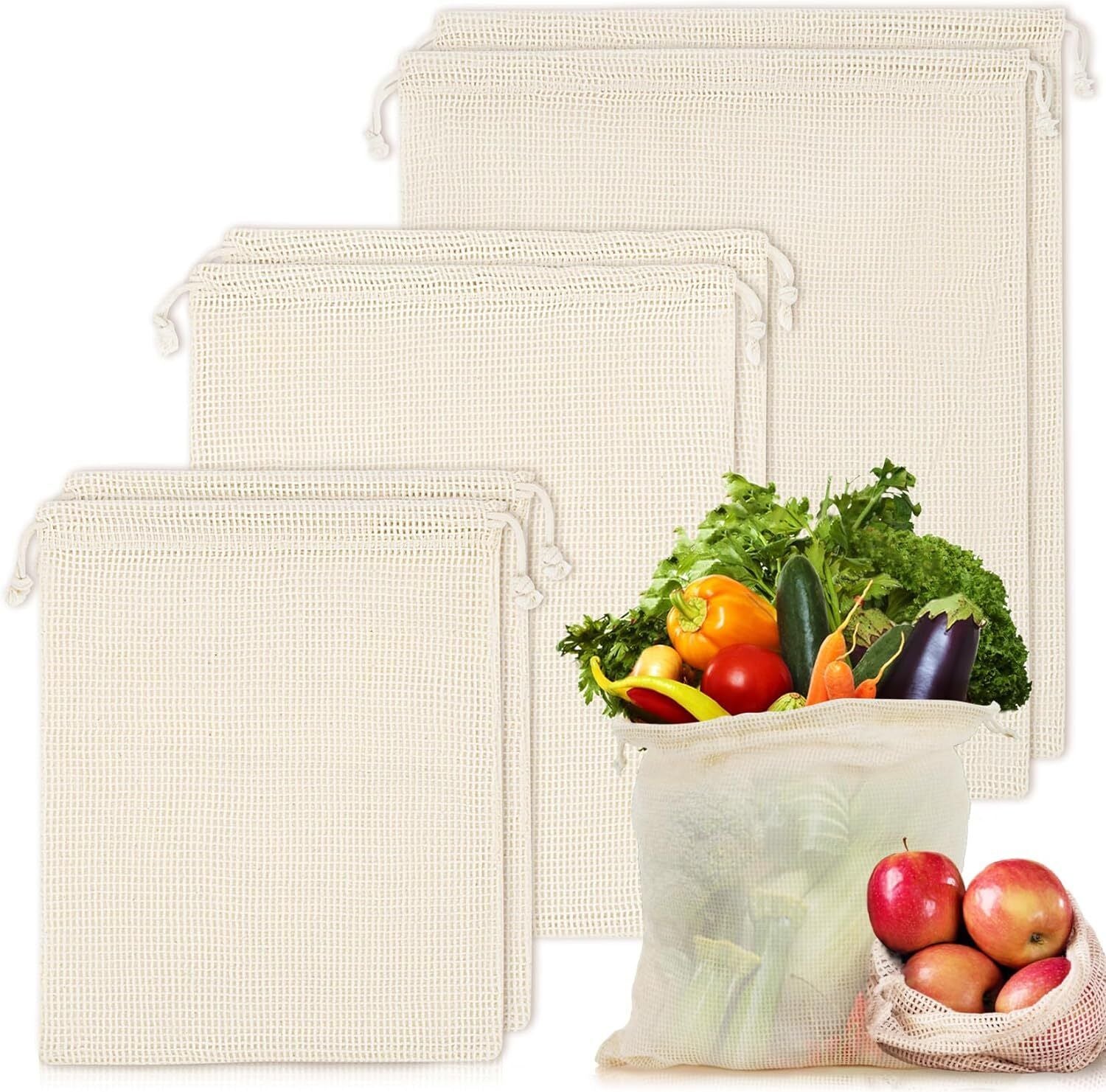 Set of 10 Reusable Mesh Produce Bags, Washable Grocery Storage Bags