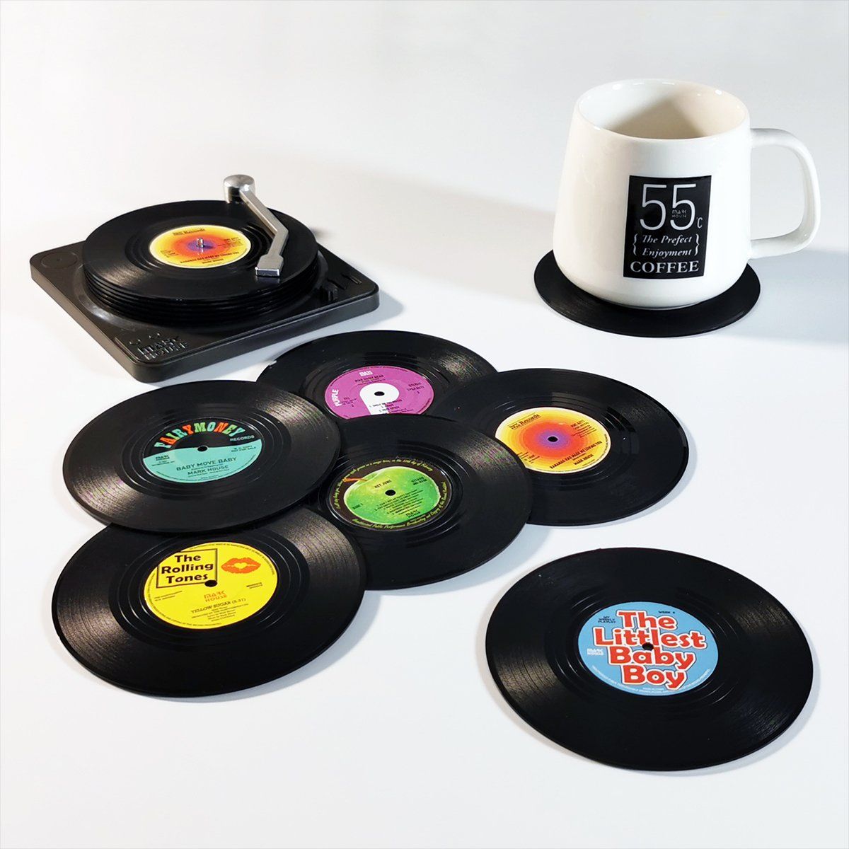 6 Pack Vinyl Record Drink Coasters with Record Player Holder, Retro Cup Mats, 10.5 cm
