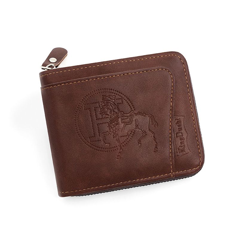 Men's Leather Wallet with Zipper and Horse Embossed Design, Multi-Card Bifold Wallet, Dark Brown