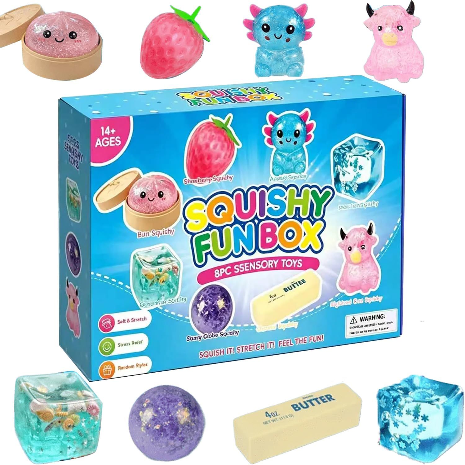 8-Piece Squishy Box Set, Strawberry, Cat Paw and Cheese Designs