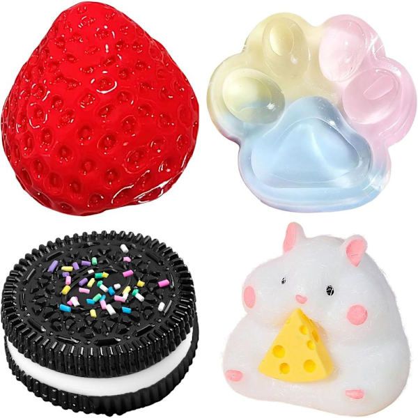 4-Pack Taba Squishy Set, Strawberry, Hamster, Cat Paw and Cookie Styles