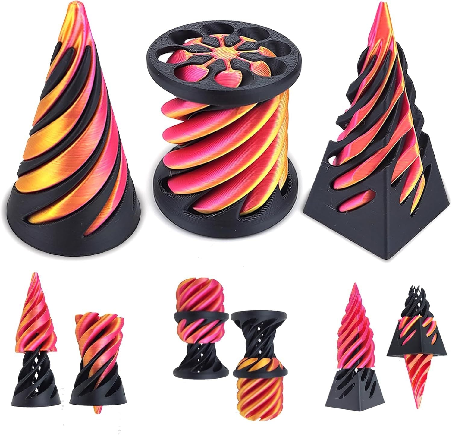 3-Pack 3D Printed Spiral Fidget Set, Impossible Pyramid Desk Accessories