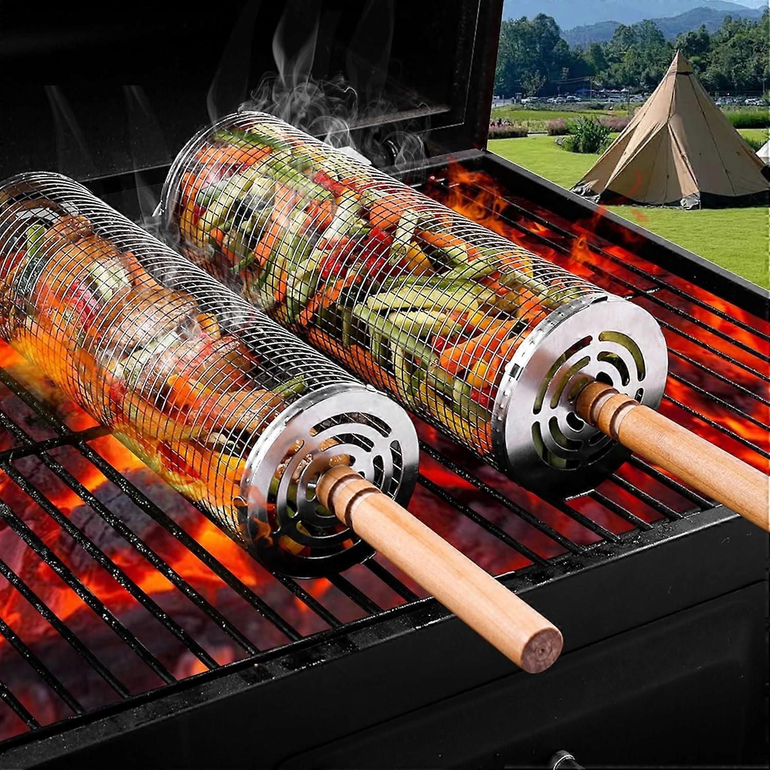 2-Piece Rolling Grill Baskets Stainless Steel for Vegetables Fish and Outdoor Grilling