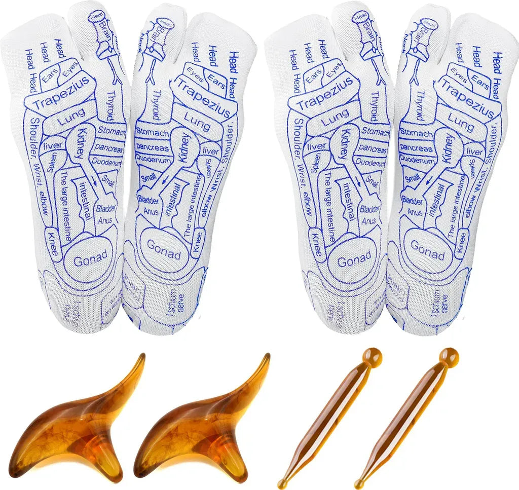 2-Pack Reflexology Massage Socks with Cotton Pressure Point Design and Massage Stick