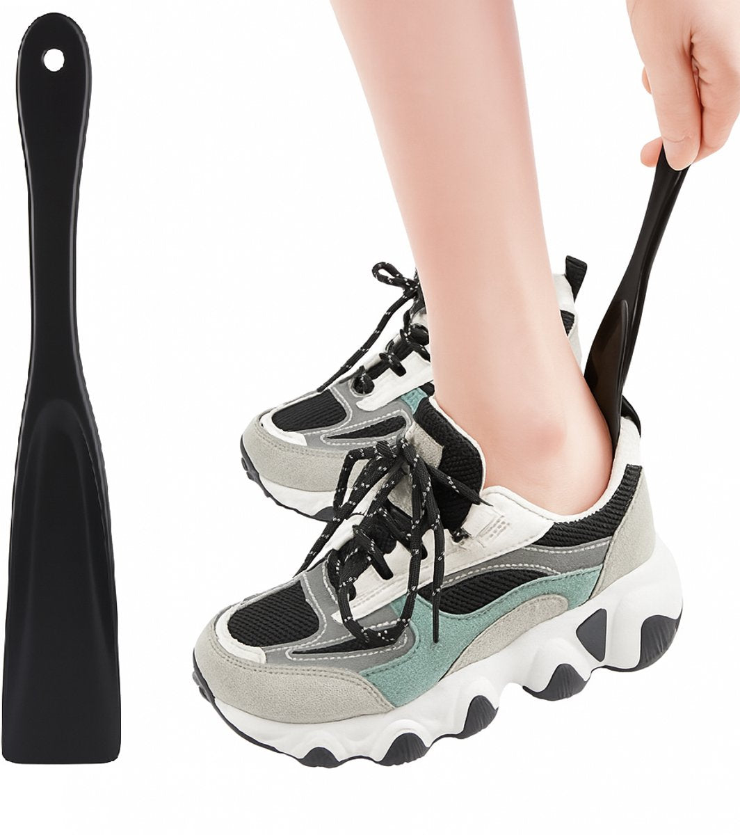 Spoon-shaped shoehorn | Plastic | Length 19.5 cm | Shoe puller | With hanging loop | Black