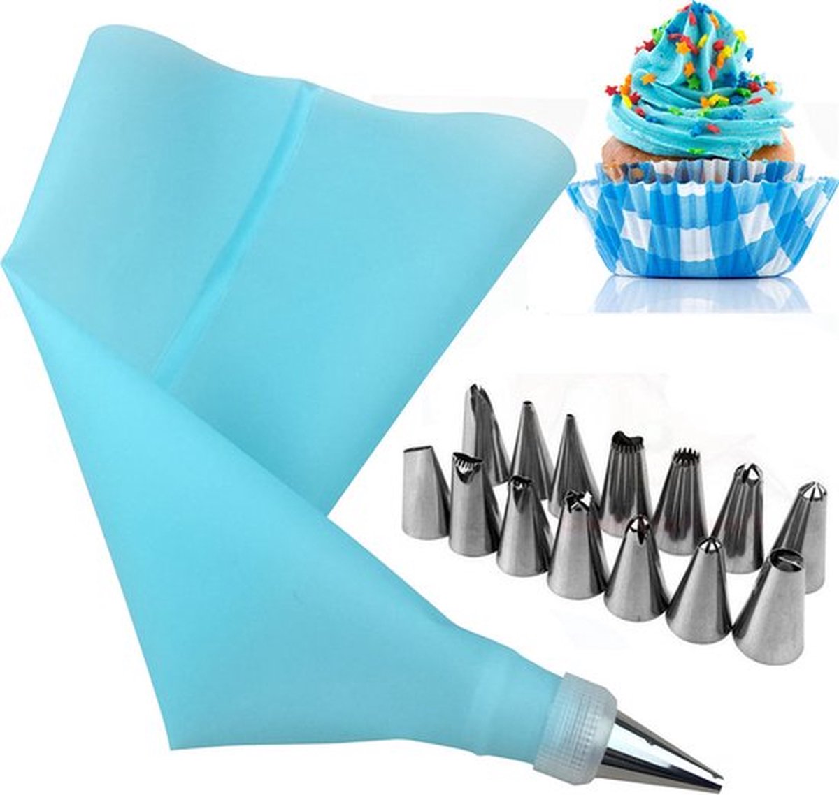 Piping Bag with 14 Nozzles | Decorating Piping Piper | Reusable | Whipped Cream Piping Piper | Blue