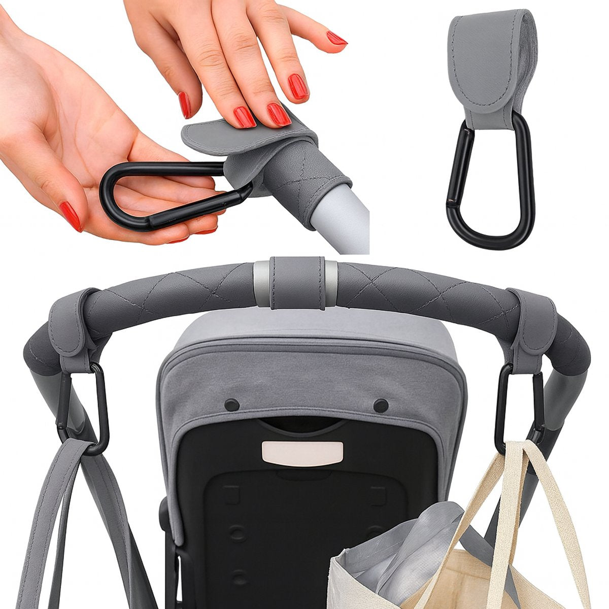 Stroller Bag Hook | Bag Hanger | Stroller Carabiner | Buggy Hook | 1 Piece | Grey