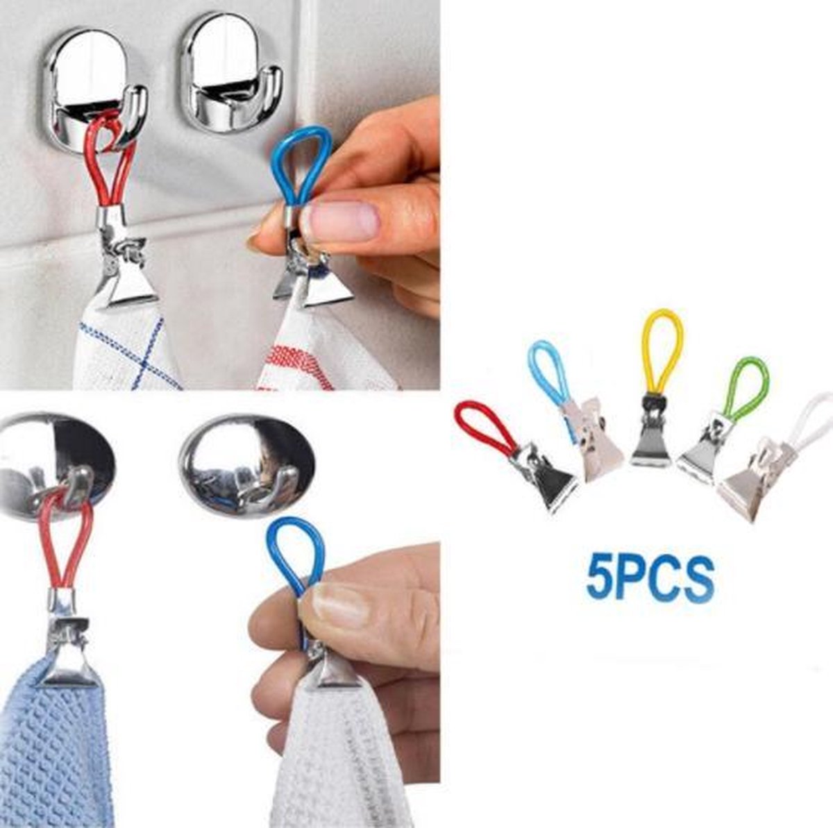Towel clips - 5 PIECES - Towel hooks - Wall hooks - Tea towel clips - Hooks - Various colors - Hanging hooks - Kitchen hooks - Bathroom hooks - Wall hooks - Clips - Hanging - Towel clips - Stainless steel - Steel hooks - Towel clips