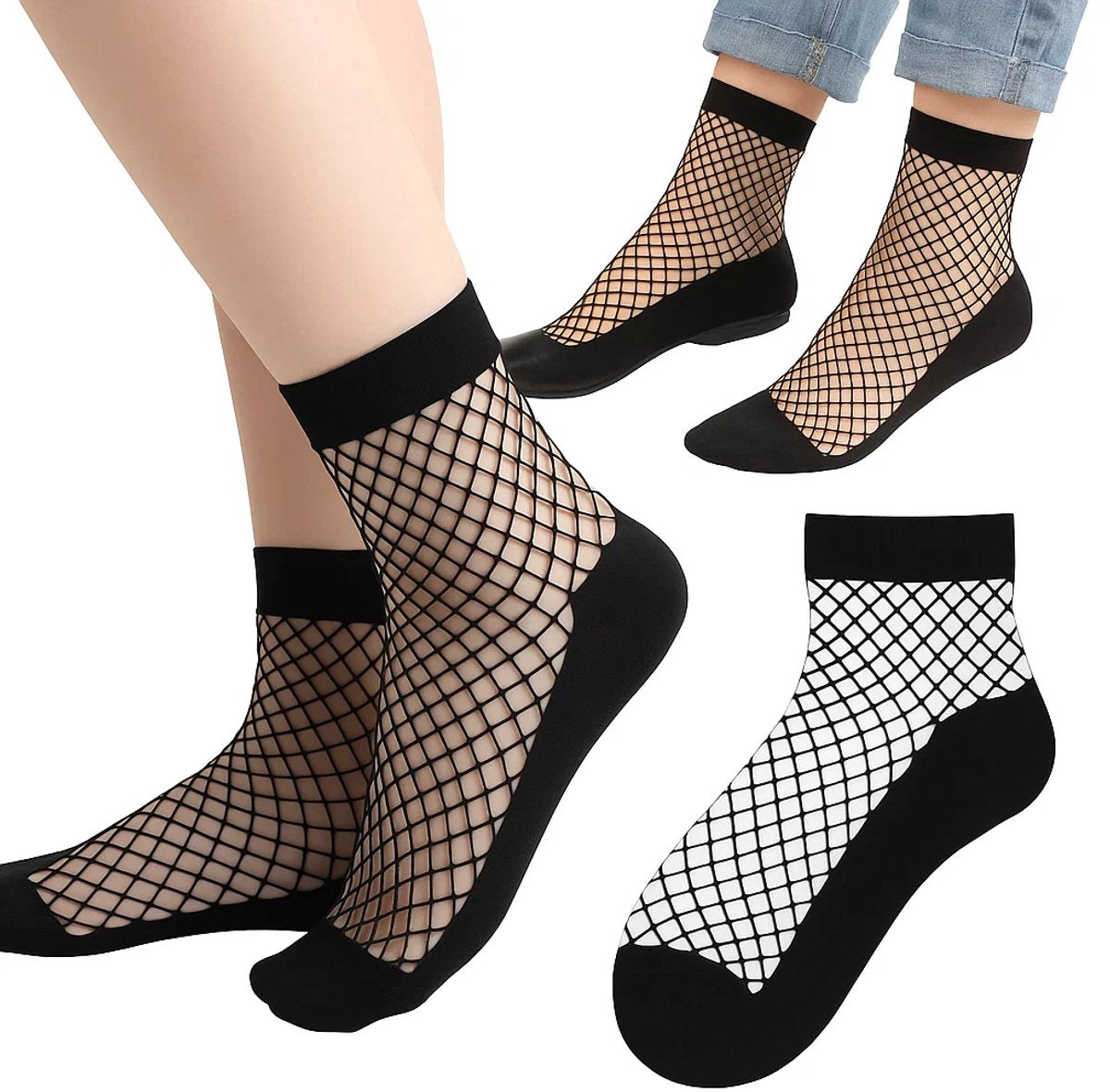 3 Pairs of Fishnet Socks for Women | Trendy Socks | Fishnet Stockings | Thin Mesh Socks | With Anti-slip | Soft & Lightweight | Size 36-42 | Black