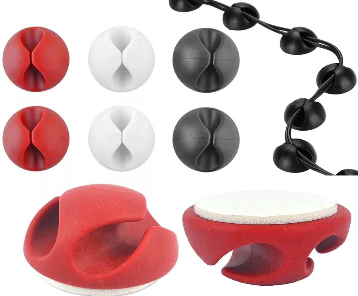 6-Piece Cable Organizer | Cable Holder | With Cable 3 Clips | Sort Cables | With Self-Adhesive Tape | Red/White/Black
