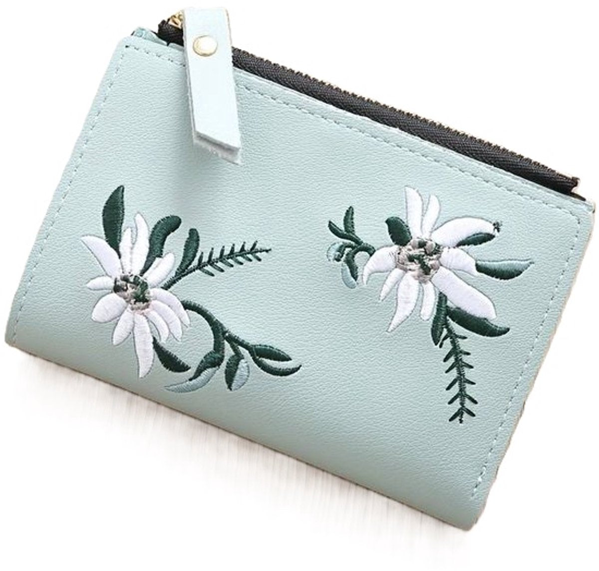 Luxury Card Holder with Flowers | Credit Card Holder | With Cash Compartment | Card Holder | Wallet | PU Leather | Purse | Light Green