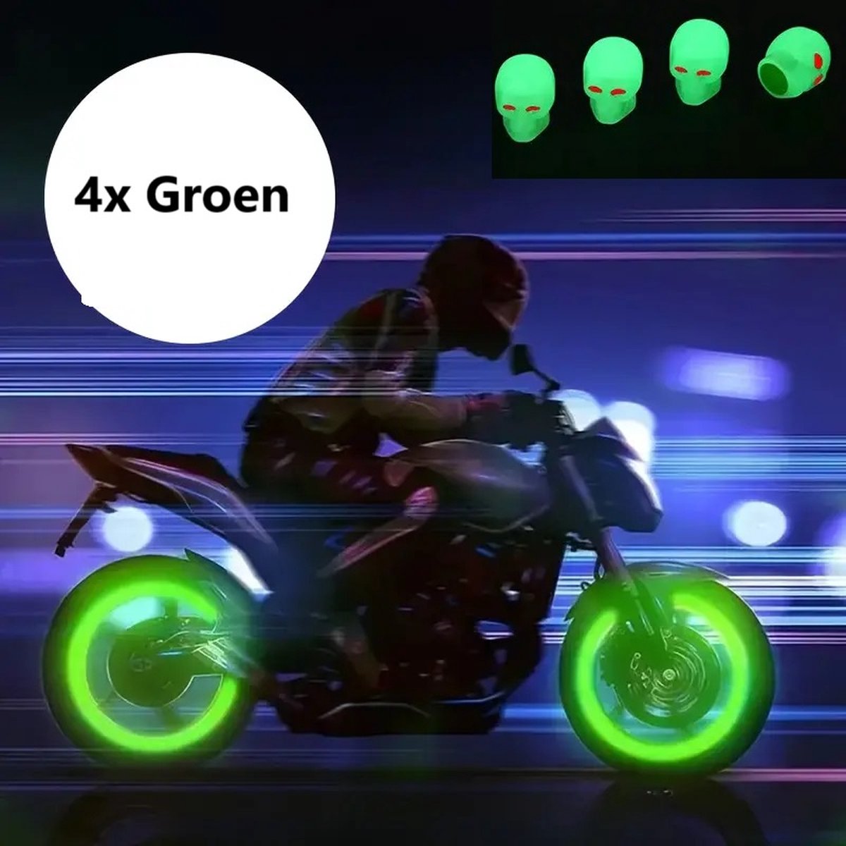 Glow In Dark Valve Caps | Car Valve Cap | Skull | Also For Motorcycle, Bicycle, Scooter | Set of 4 | Green