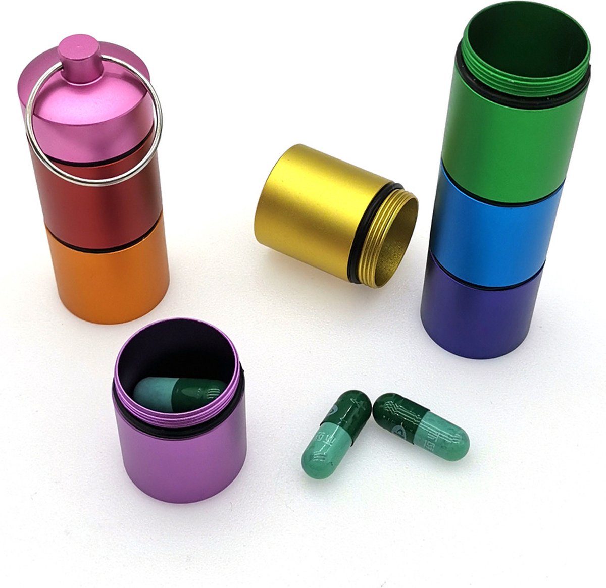 Pill Box | Pill Box | Medicine Box | Reversible | Aluminum | Pill Box Tube | 8 Compartments | Reversible | Incl. Carabiner | Multicolor