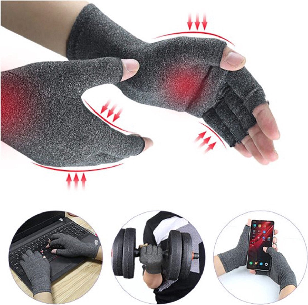 Compression Gloves | Therapeutic Gloves | Open Fingertips | Size XL | Grey | 1 Pair