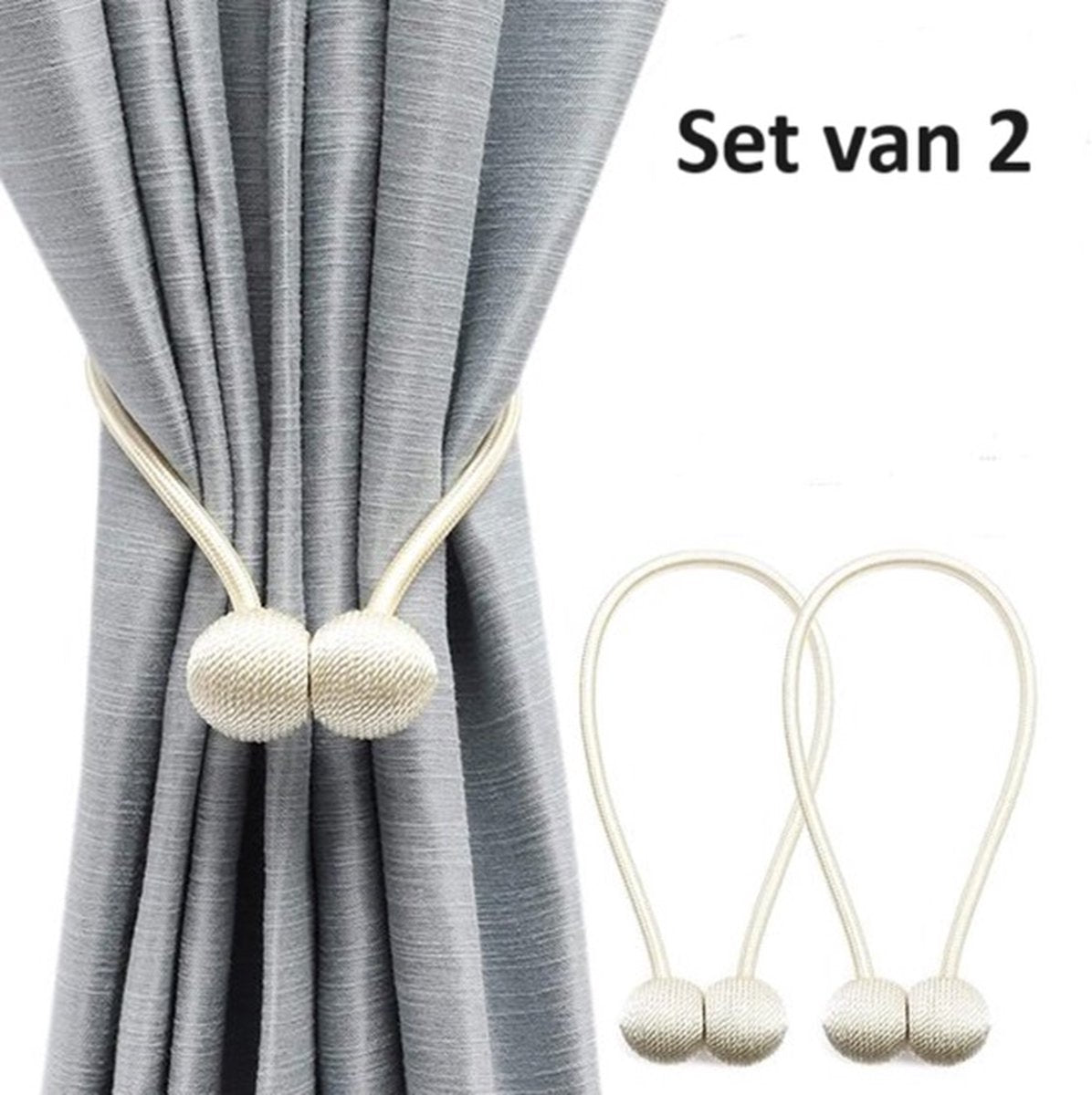 Set of 2 Magnetic Curtain Holders | Curtain Tieback | Curtain Holder | Magnetic Curtain Cord | Curtain Buckle | Universal | Beige