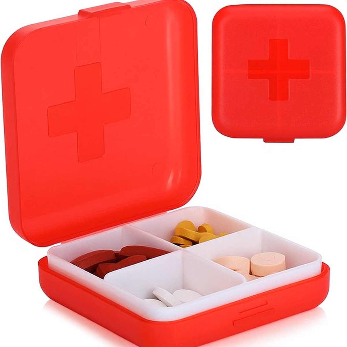 Medicine box | Pill box | Pill case | 4 compartments | Sealed | Red