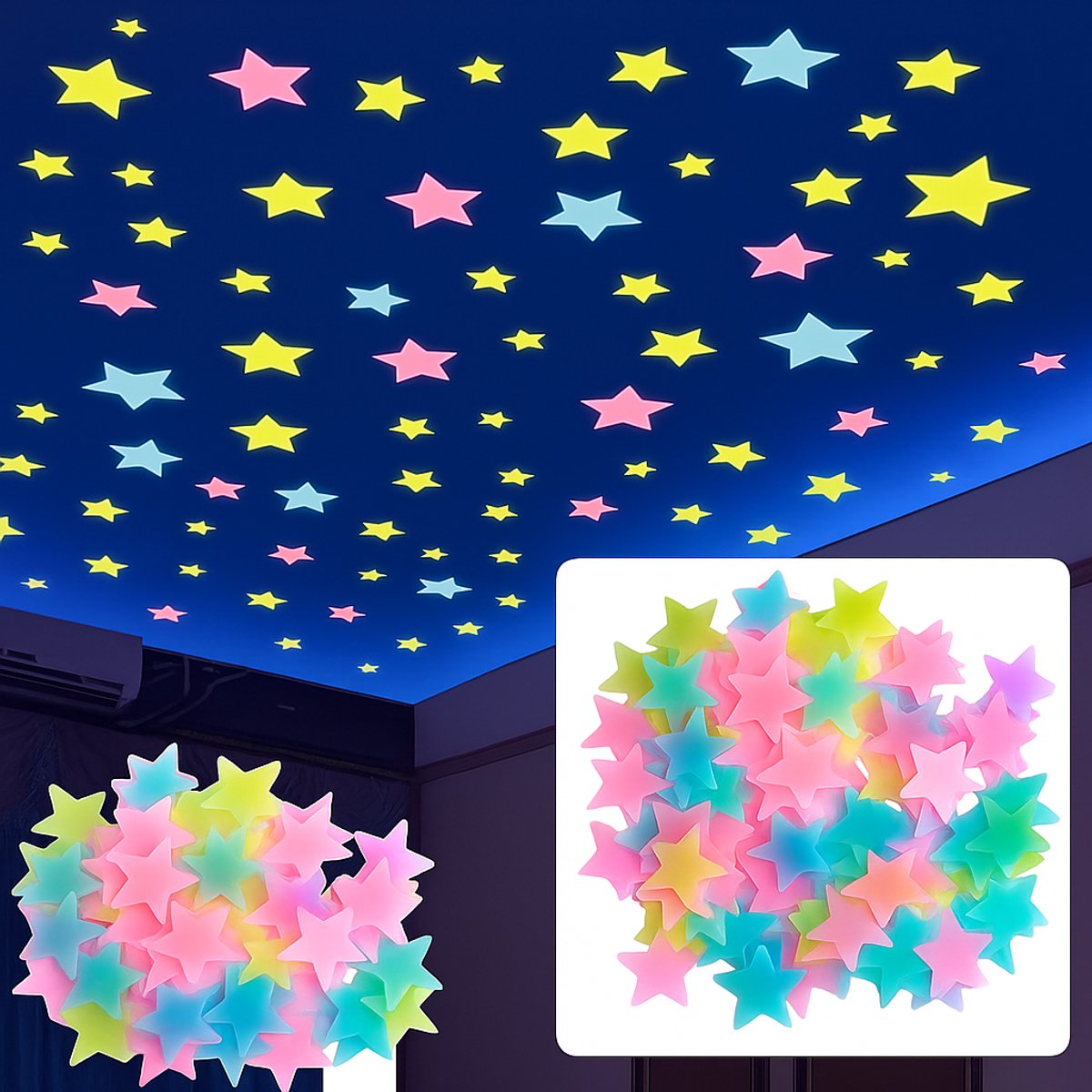Star Glow In Dark Wall Stickers 100 Pieces | Luminous Star Wall Stickers | Multicolored Stars | PVC | Multicolor