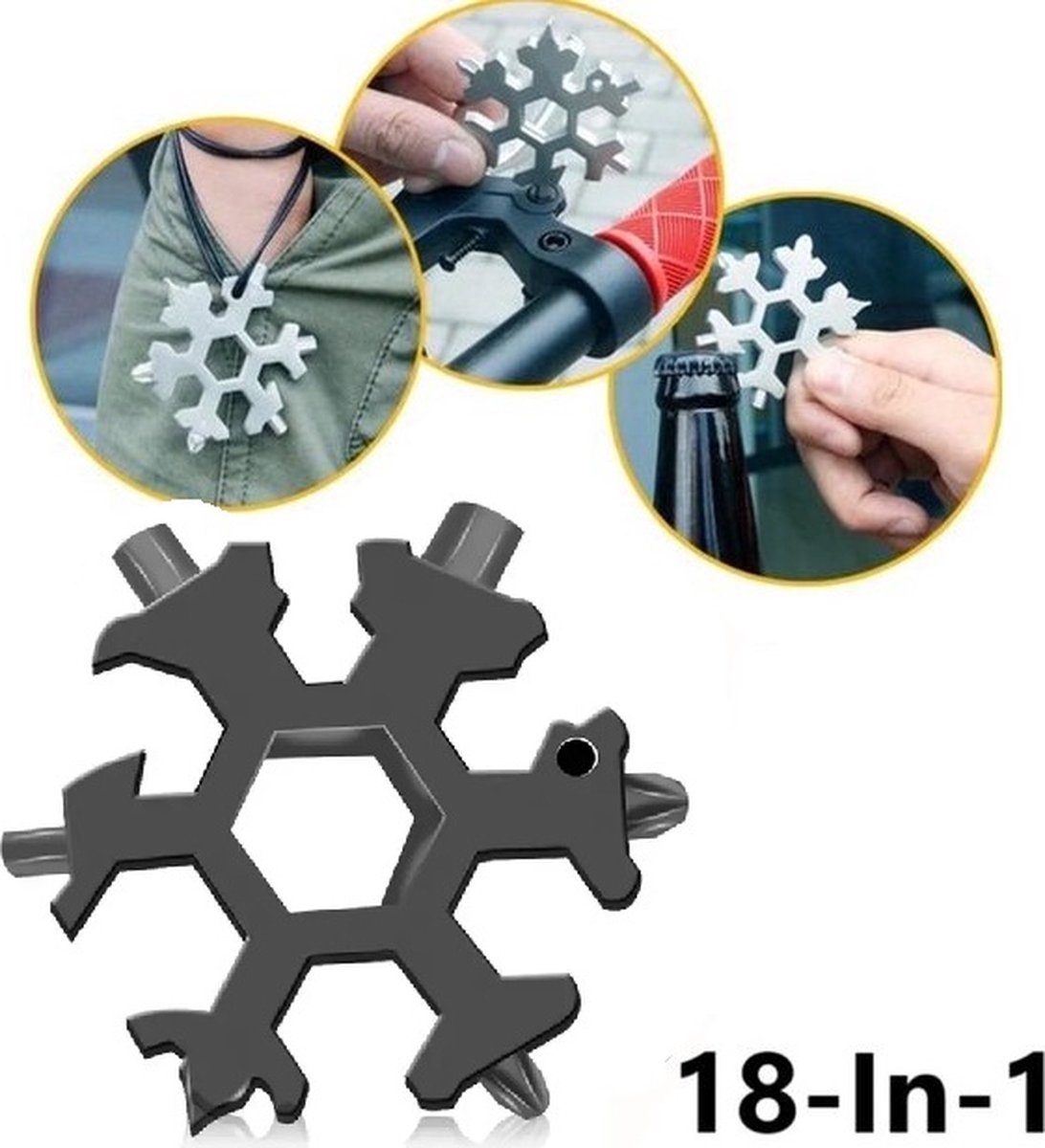 18 in 1 Multipocket Tool | 18 Functions | Stainless Steel | Multitool Keychain | Bicycle Tools | Snowflake | Black