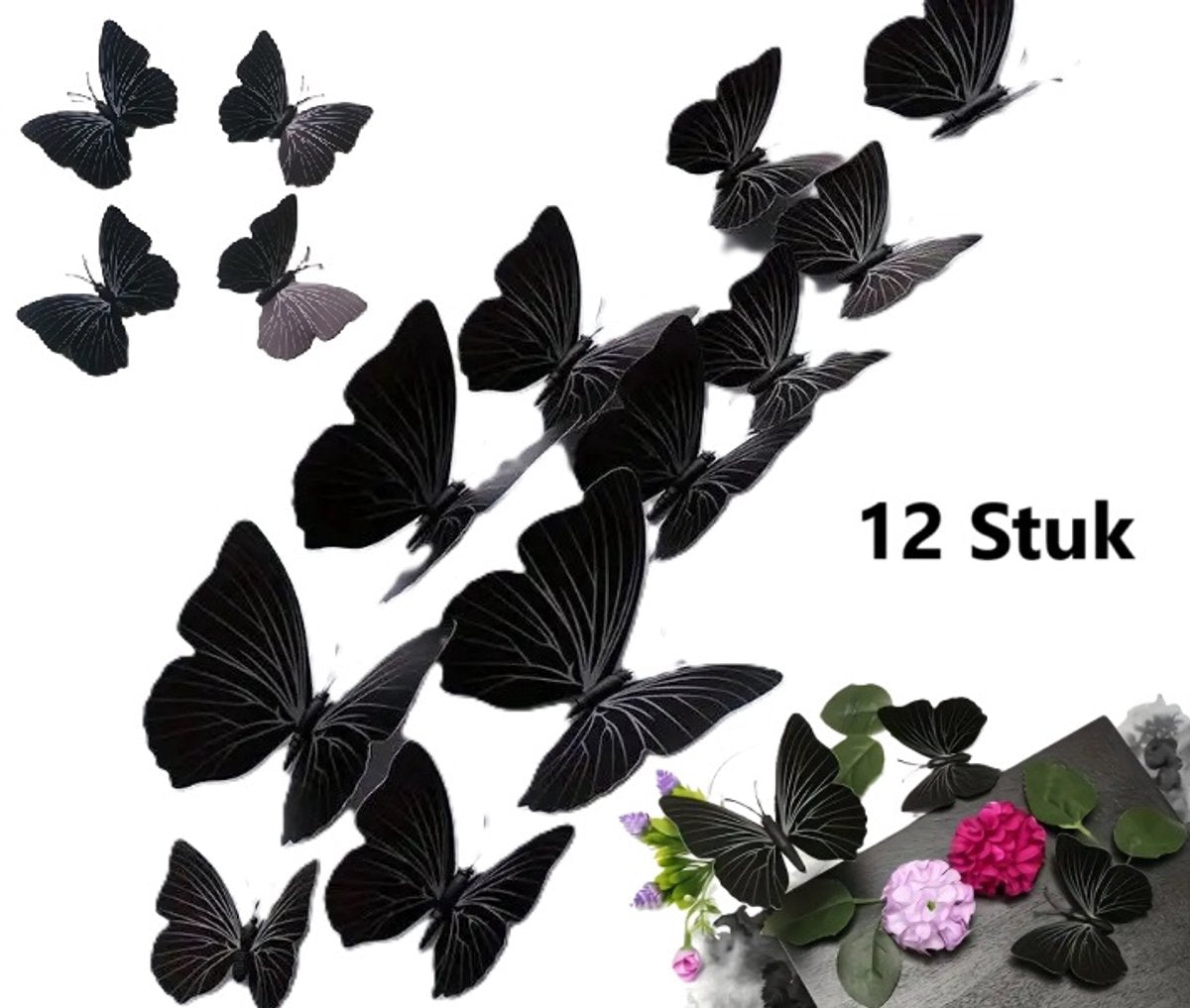 Set of 12 3D Butterfly Wall Decoration | Wall Butterflies | Nursery Decoration | Foldable Wall Stickers | Butterfly Wall Stickers | Black