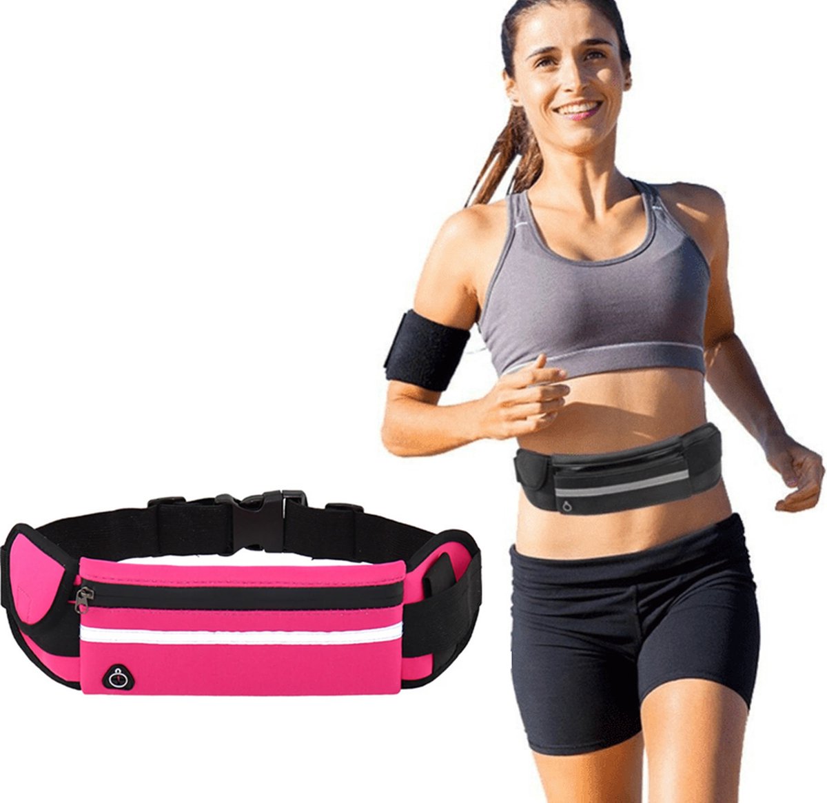 Waist Bag | Running Belt | With Phone Holder | With Smartphone Holder | Reflective | Running Bag | Adjustable Waist 50-80 cm | Pink