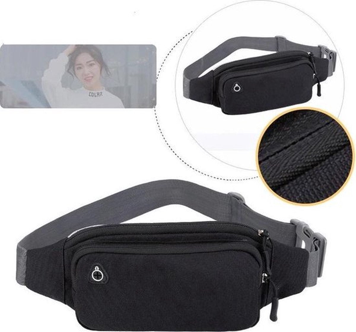 Waist Bag | Fanny Pack | Water Repellent | Pouch | Waist Bag | Waistbelt | With Smartphone Pocket | Headphone Hole | Black