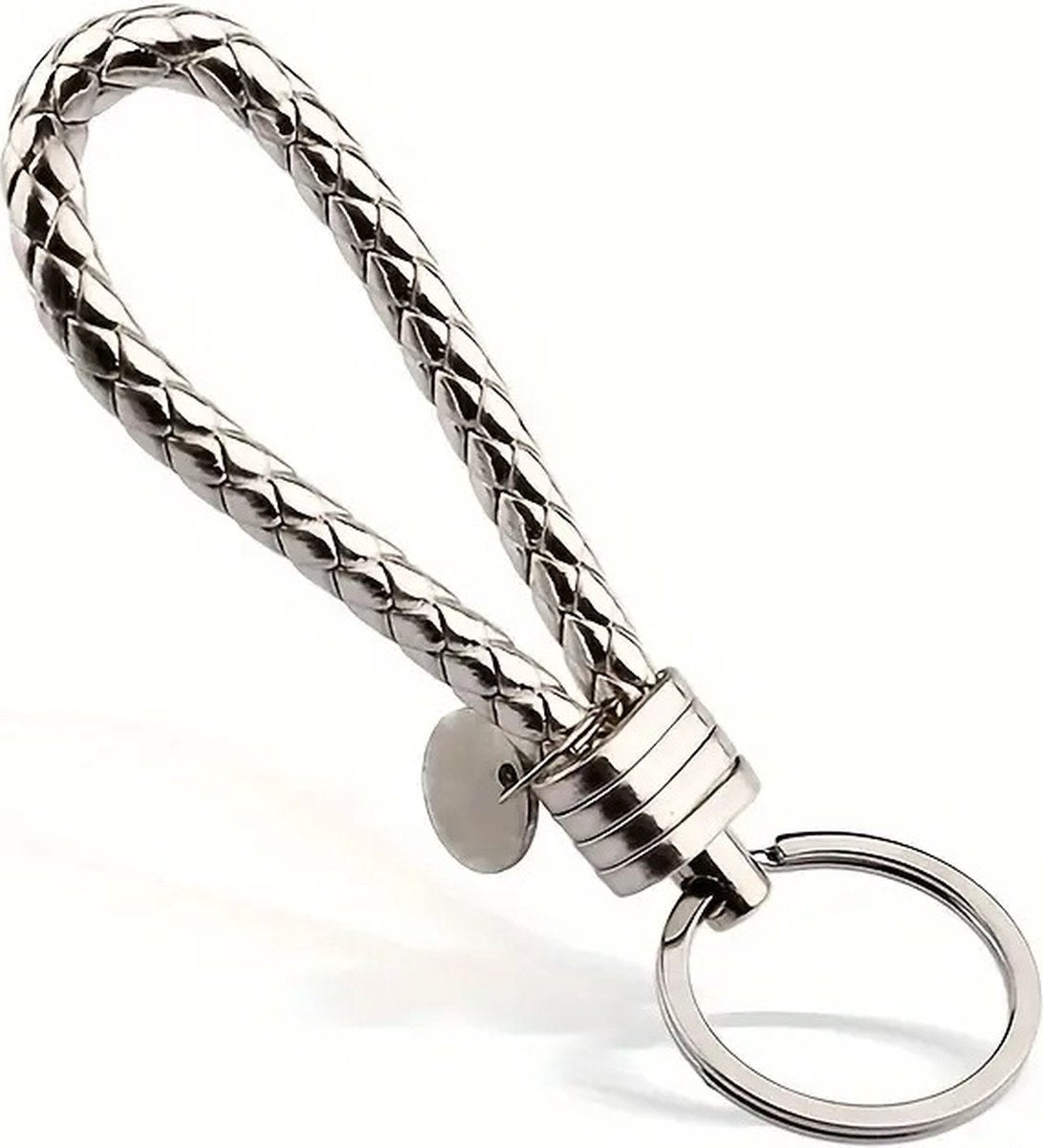 Luxury PU Leather Keychain | Key Holder | Woven Keychain | Universal | Silver
