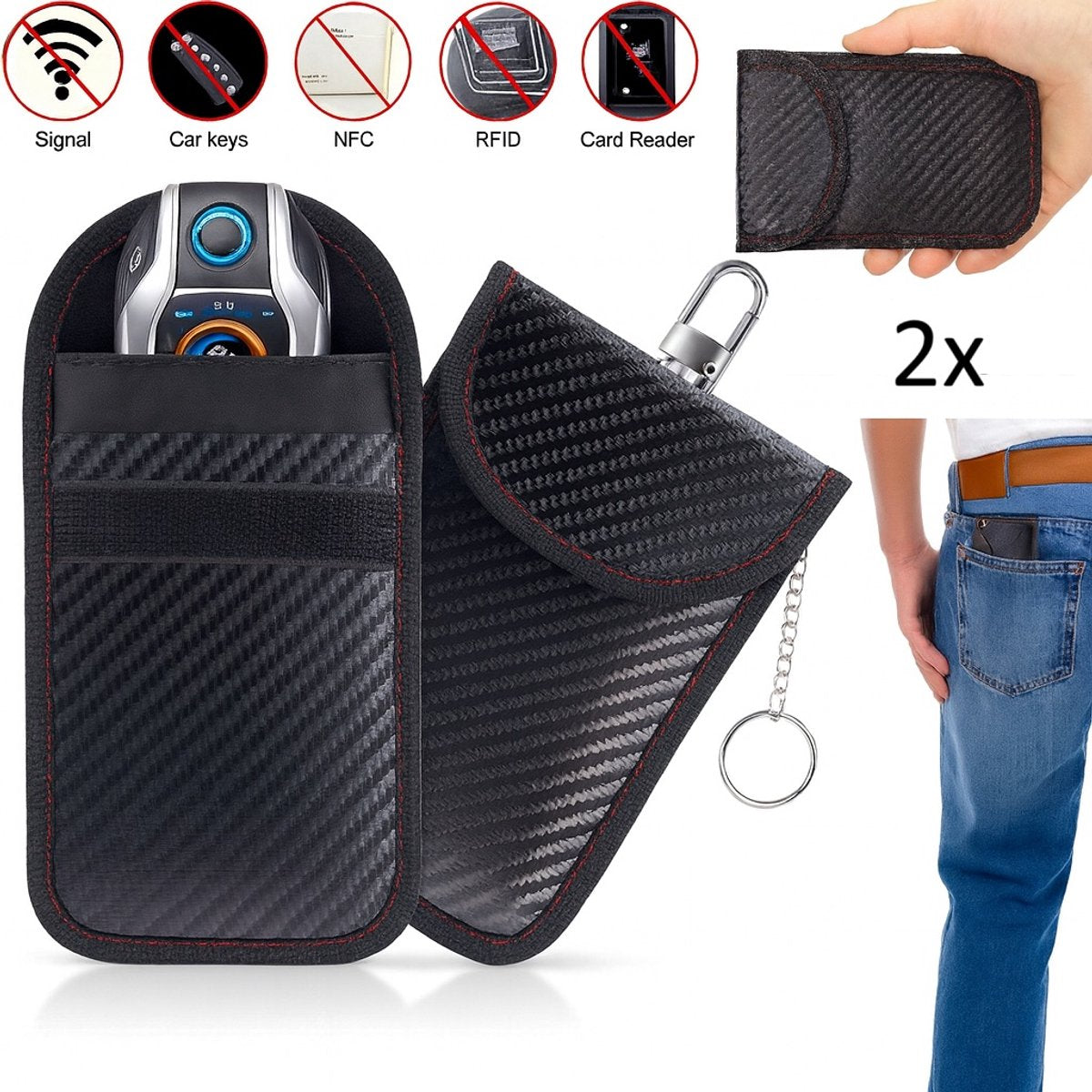 2x RFID Anti-theft Protective Case for Car Key | Carbon Keyless Entry Protective Case | With Hook