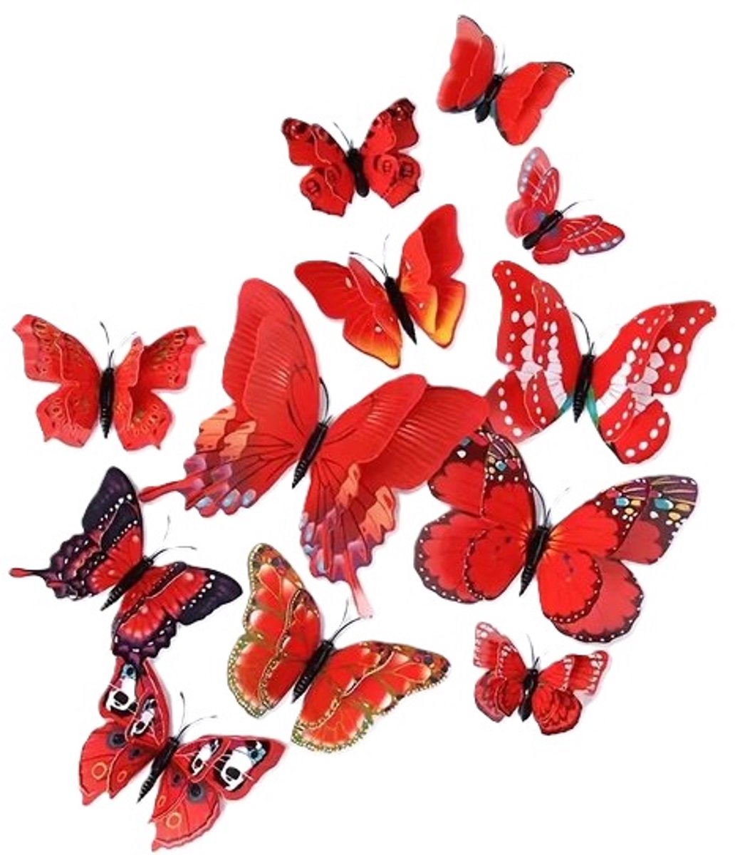 3D Wall Decoration Butterflies 12 Pieces | Wall Butterflies | Butterfly Wall Stickers | Red