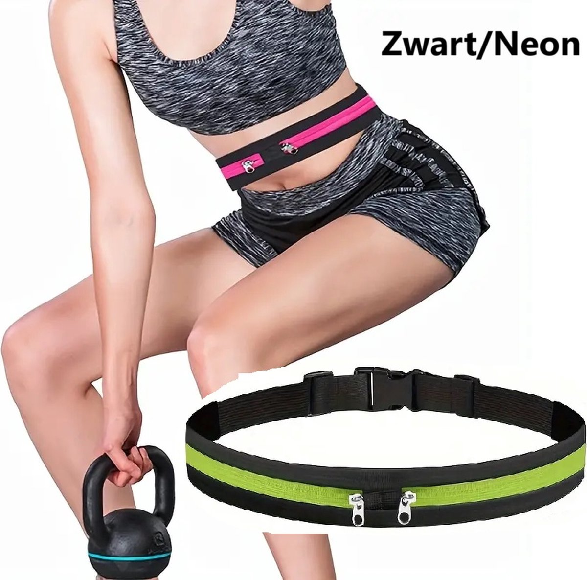 Women's Running Belt | Waist Bag | Elastic Waist Bag | Sports Bag | Running Bag | Fanny Pack | Zip Pouch | Black/Neon Green
