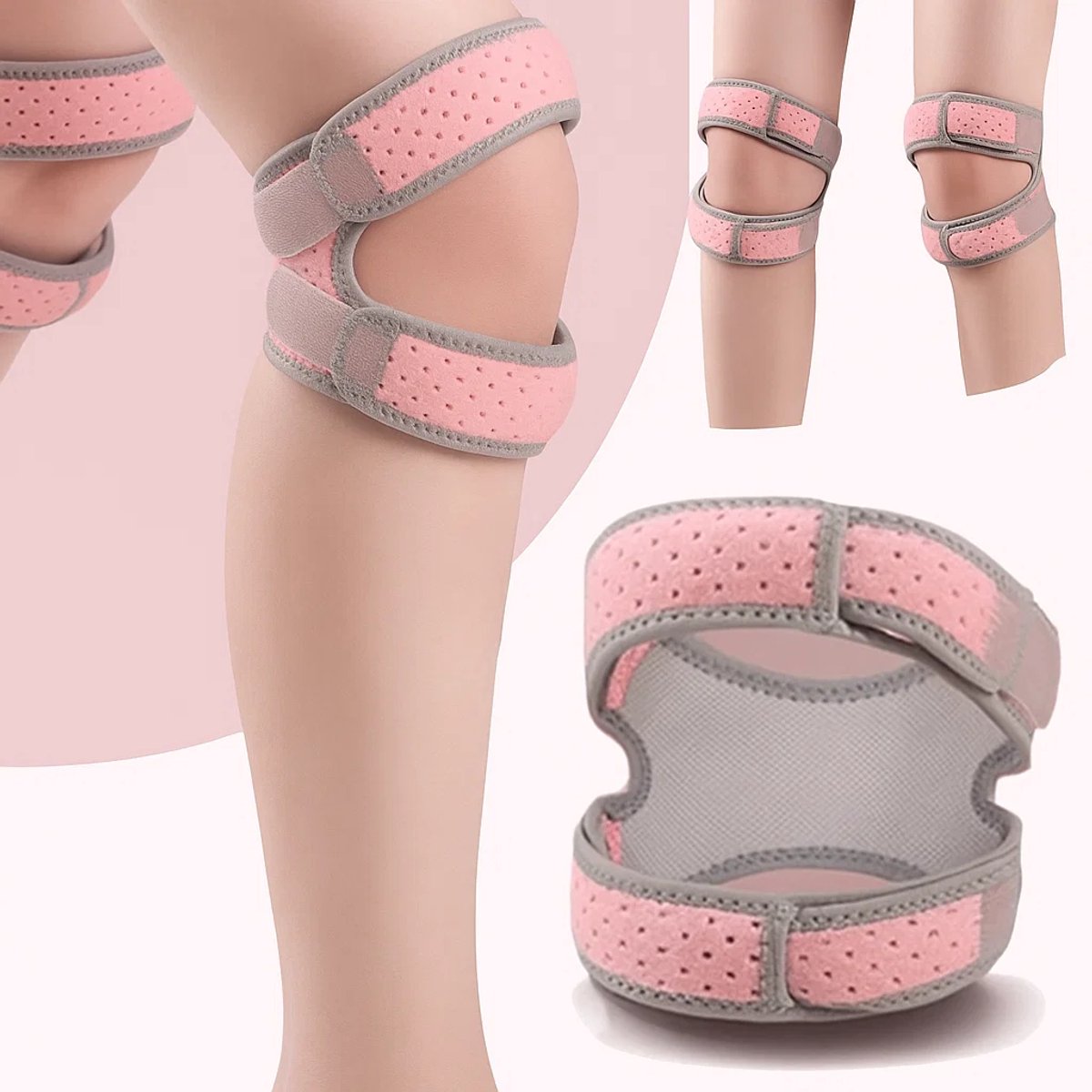 Double Patella Knee Brace | Patella Strap | Knee Support | Knee Protector | Knee Tendon Strap | Knee Bandage | Elastic Bandage | Adjustable | Pink/Gray