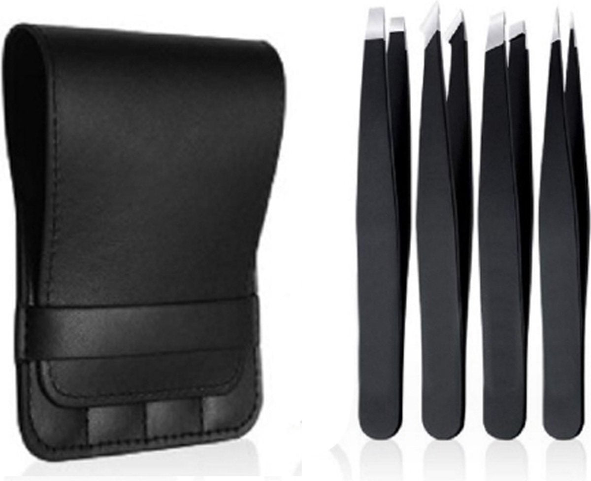 Eyebrow Plucking Tweezers Set | 4-Piece | Tweezers | With Luxury Storage Case | Black