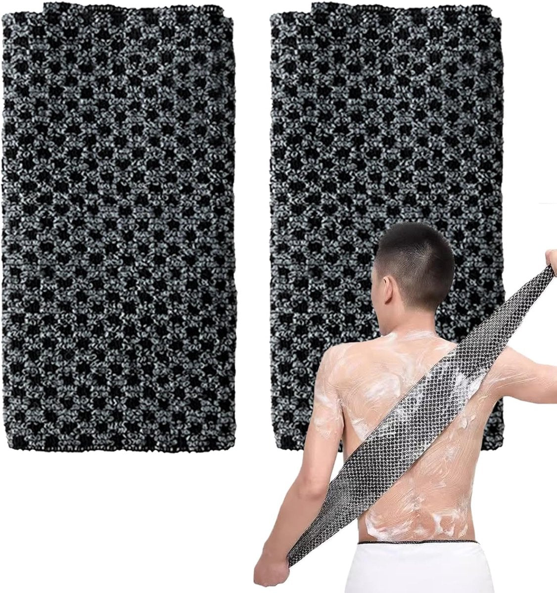 2-piece Japanese back scrubber set, exfoliating shower towel, extra-long exfoliating washcloth for men and women, scrub cloth for body cleansing and massage (black)