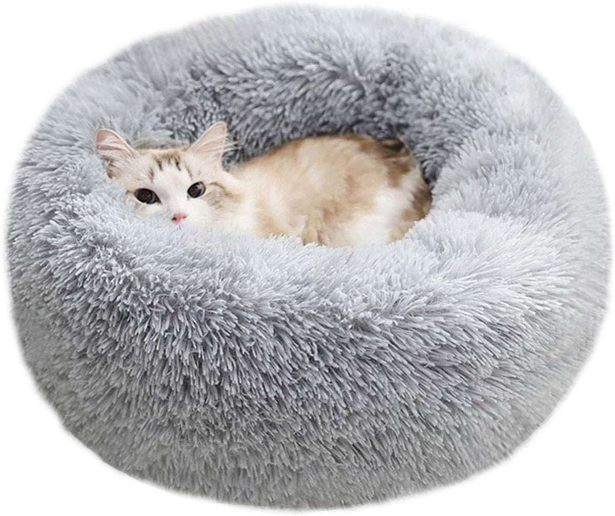 Cat baskets - Washable cat bed 20/24 inch - Dog baskets for small and medium-sized dogs - Anti-anxiety round, soft, plush faux fur dog basket - Thick bottom (light gray, medium)