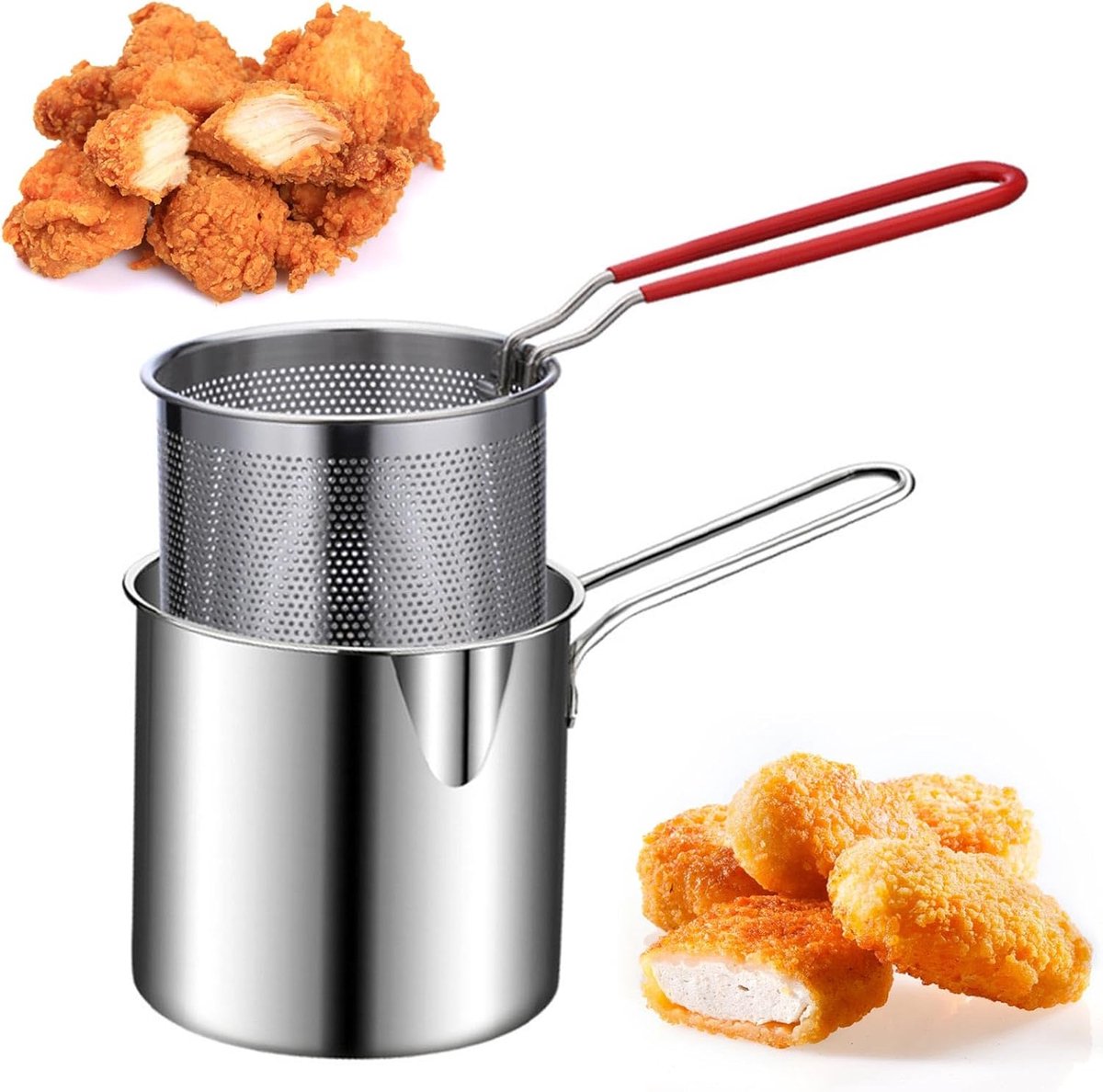 Stainless steel deep fryer - with frying basket and handle - durable, food-grade outdoor mini deep fryer - with perforated strainer - suitable for seafood, chicken, etc.