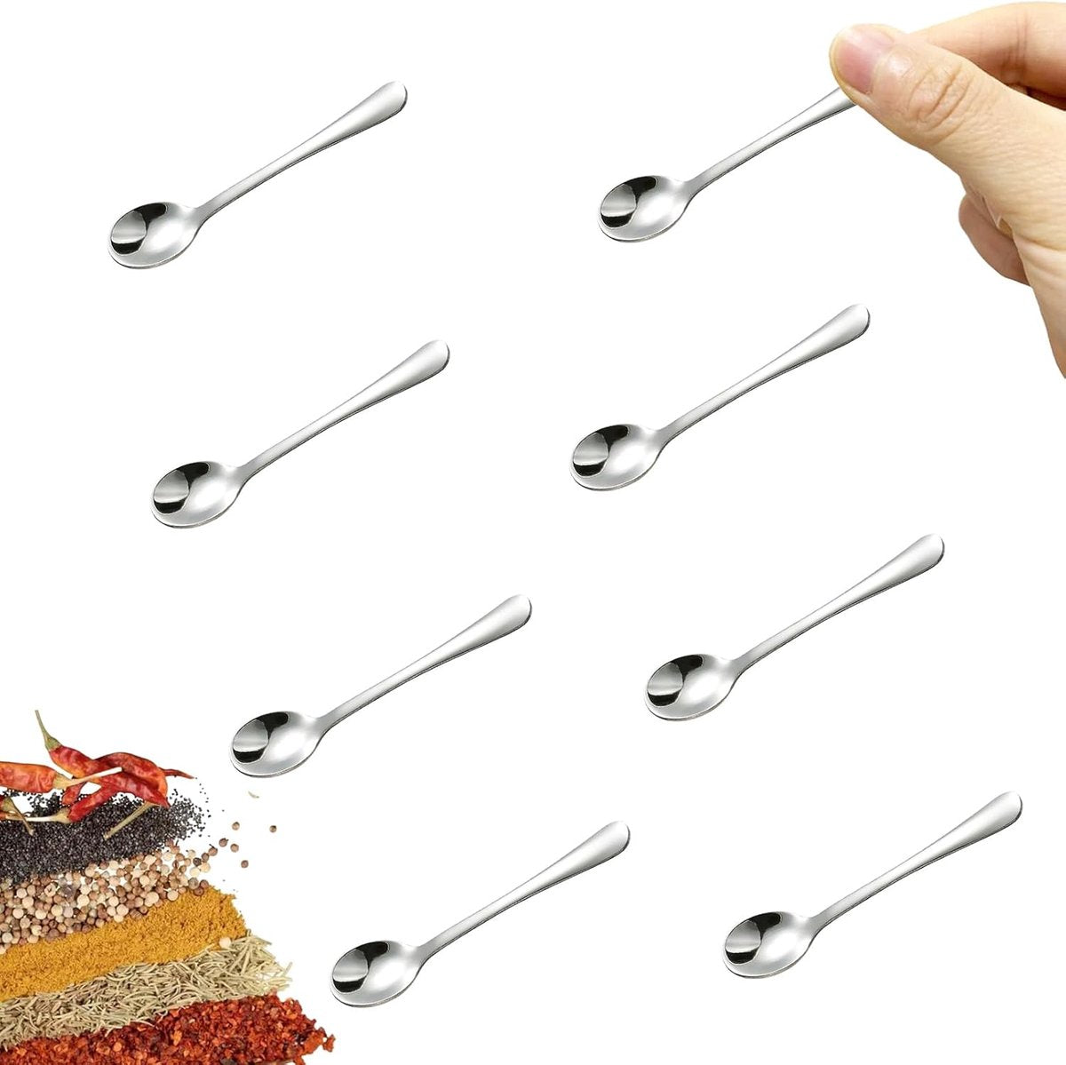 8 Mini Stainless Steel Spice Spoons - 7.3cm - For Salt, Sugar & Honey