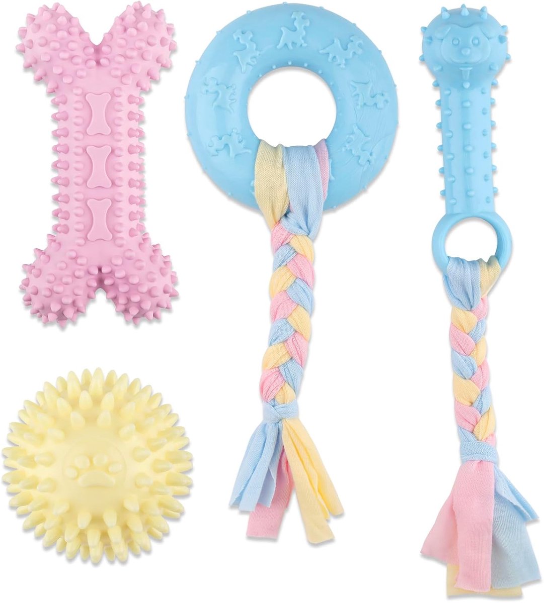 4 PCS Puppy Chew Toys - Relieves teething - Soft rubber & rope toys - Durable and interactive - Suitable for small dog breeds