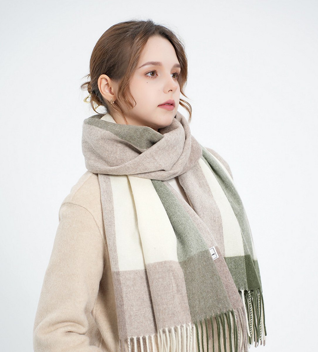 Women's Winter Scarf Cashmere Feel Scarf Fringes Checked Large Oversized Scarves Wraps (Green)