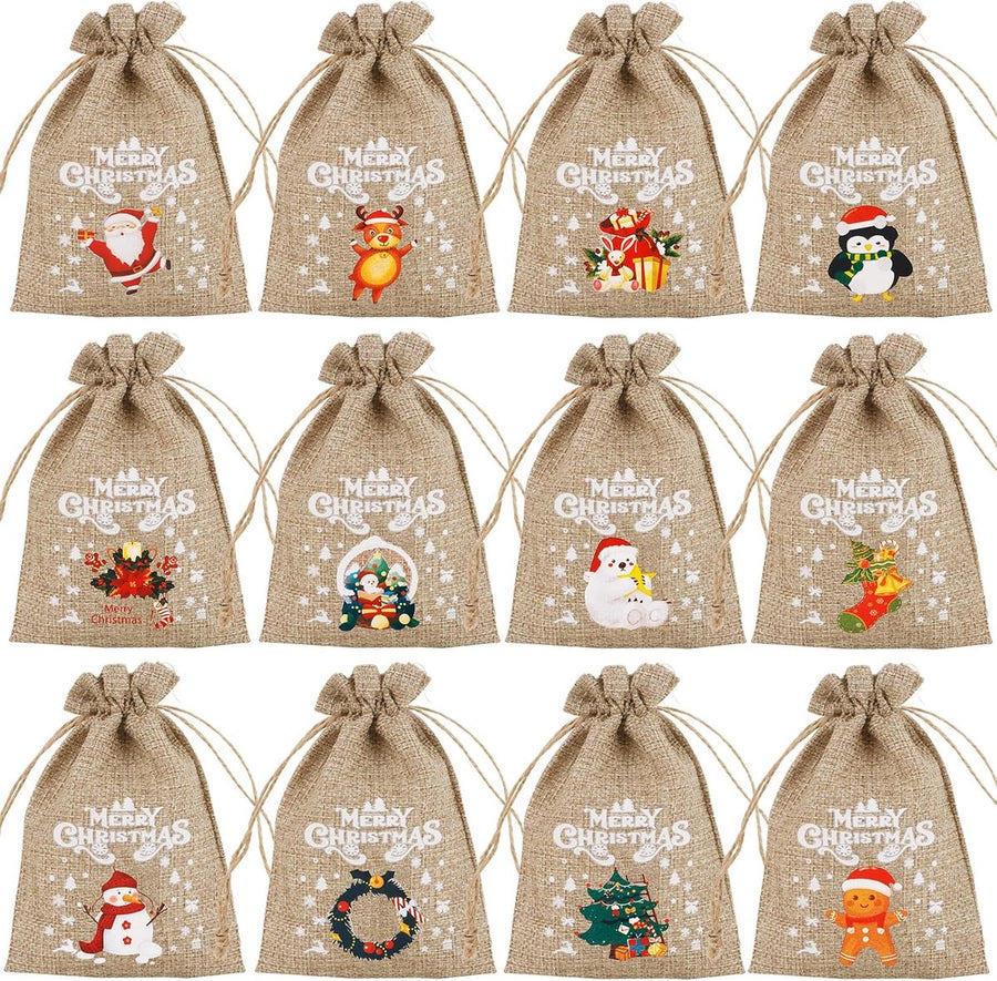 12 jute Christmas gift bags with drawstring - reusable linen bags - for holidays, birthdays, and New Year's parties - small candy bags as a treat
